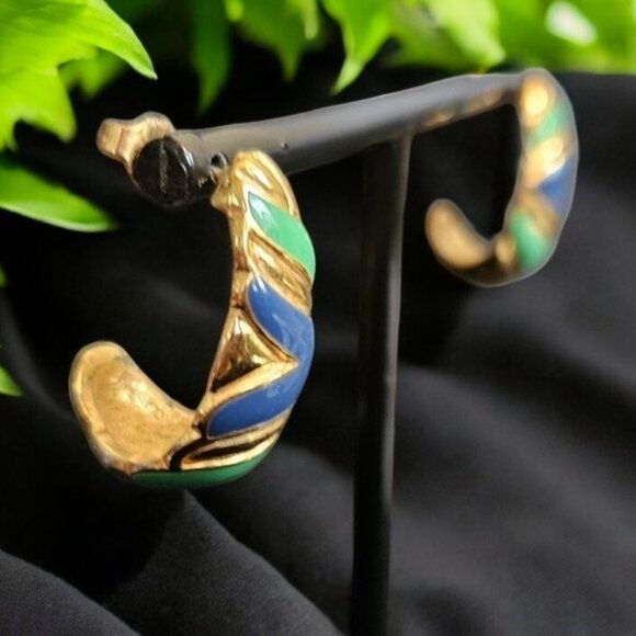 Vintage AVON Goldtone with Blue and Green Drop Stud Earrings - Picture 2 of 4